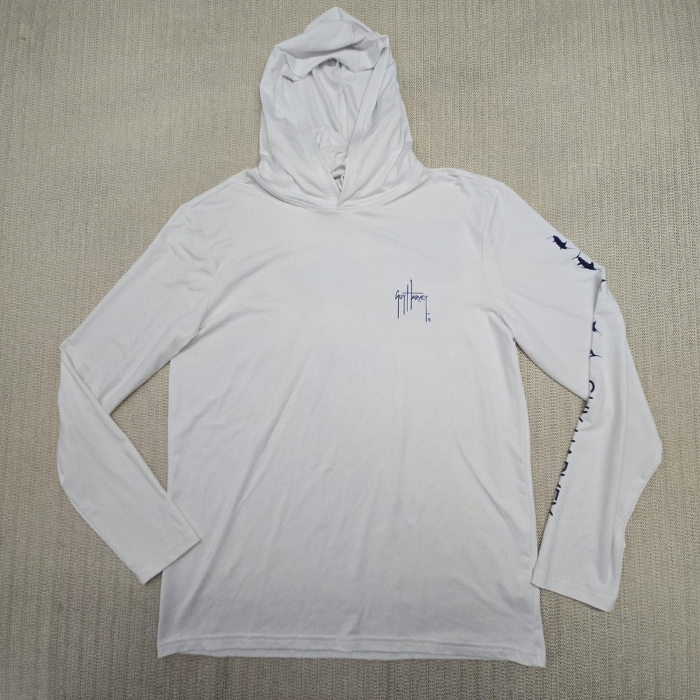 Guy Harvey Hooded Shirt Mens Medium American Flag Marlin Fishing Long Sleeve